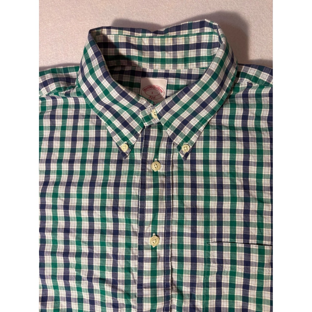 Brooks Brothers 346 Mens Large Regular Fit Gingham Button Down Shirt Green Navy